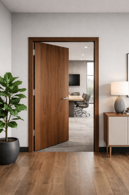 Modern office with walnut door